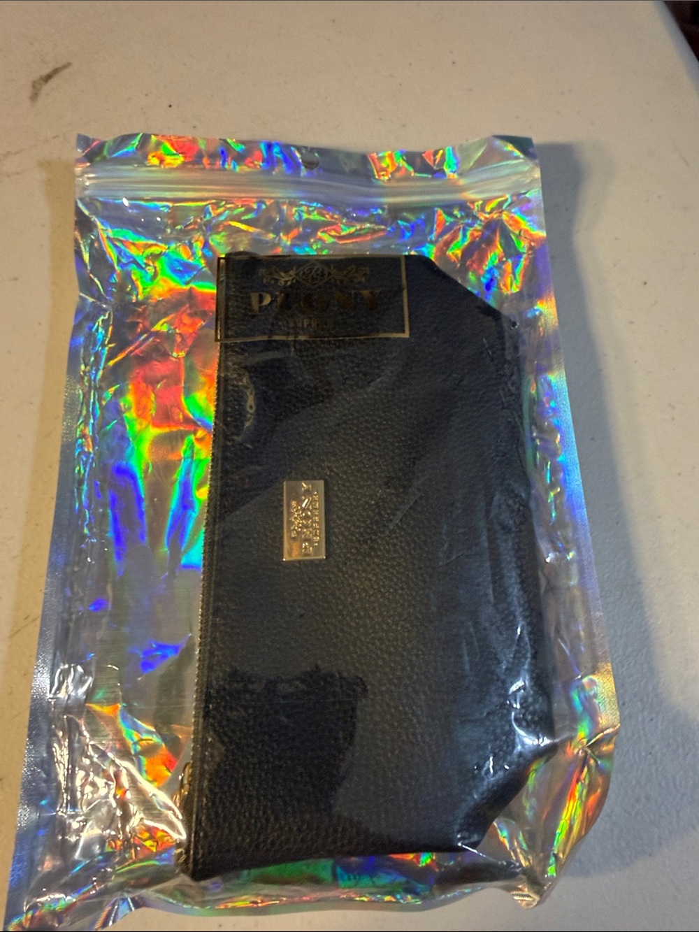 Peony Black Pebbled Wallet with Gold Plaque